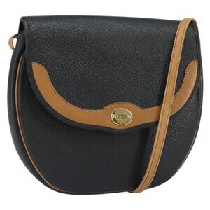 Authentic Christian Dior Shoulder Bag Leather Black Gold
